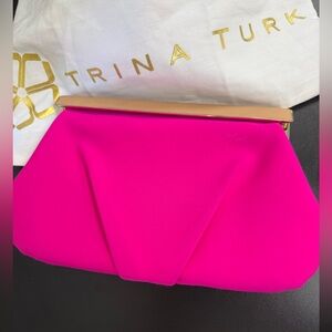 Trina Turk Fuchsia Satin Clutch with Tan & Gold Trim & Dust Bag